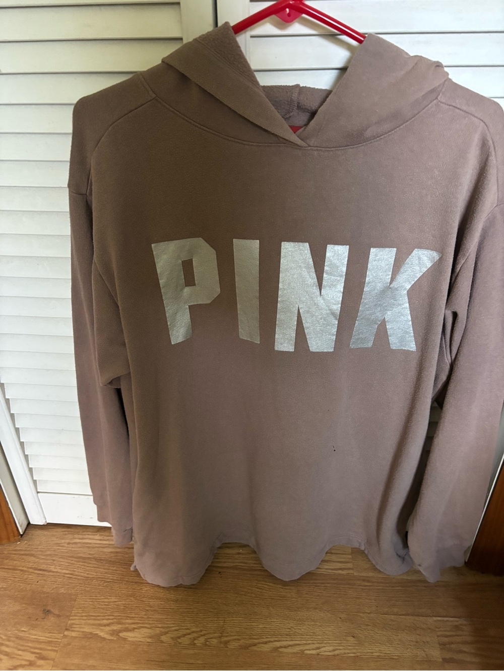 PINK Victoria's Secret Taupe Hoodie with Metallic Silver Logo
